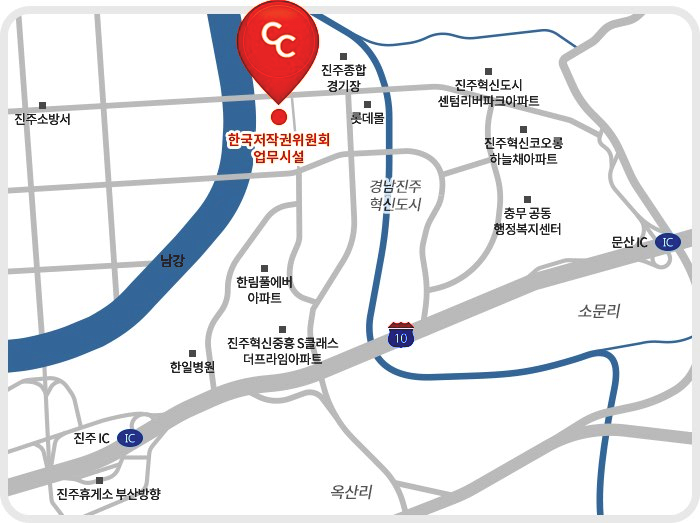 한국저작권위원회 본부는 진주시 충의로 19 한국토지주택공사 1층,3층 5층에 위치하고 있습니다. 지도입니다.